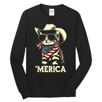 Usa Merica Cat 4th Of July Funny Patriotic Tall Long Sleeve T-Shirt