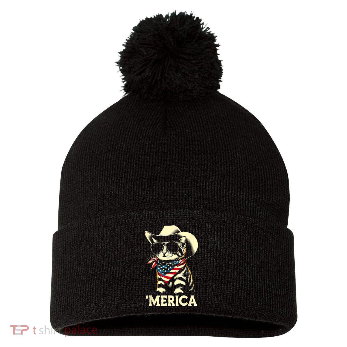 Usa Merica Cat 4th Of July Funny Patriotic Pom Pom 12in Knit Beanie