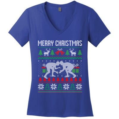 Ugly Merry Christmas Wrestling Wrestler Santa Xmas Costume Gift Women's V-Neck T-Shirt