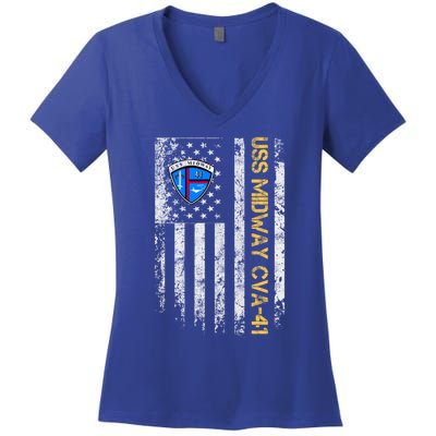 Uss Midway Cvafunny Gift41 Aircraft Carrier Veteran Flag Veterans Day Gift Women's V-Neck T-Shirt