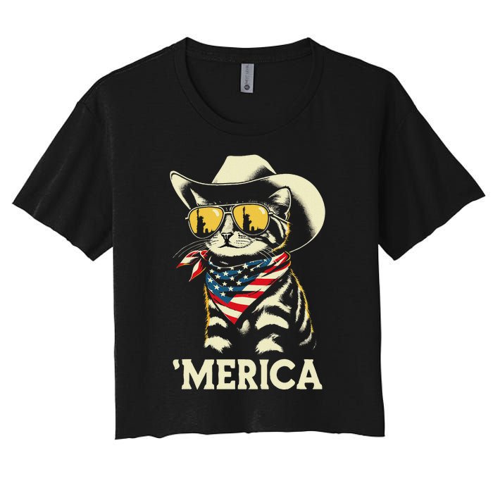 Usa Merica Cat 4th Of July Women Funny Patriotic Women's Crop Top Tee