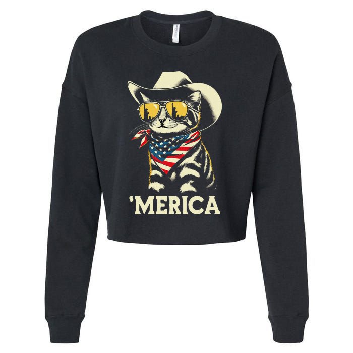 Usa Merica Cat 4th Of July Women Funny Patriotic Cropped Pullover Crew