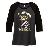 Usa Merica Cat 4th Of July Women Funny Patriotic Women's Tri-Blend 3/4-Sleeve Raglan Shirt