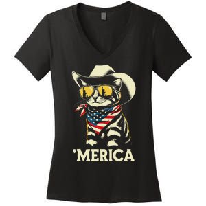 Usa Merica Cat 4th Of July Women Funny Patriotic Women's V-Neck T-Shirt