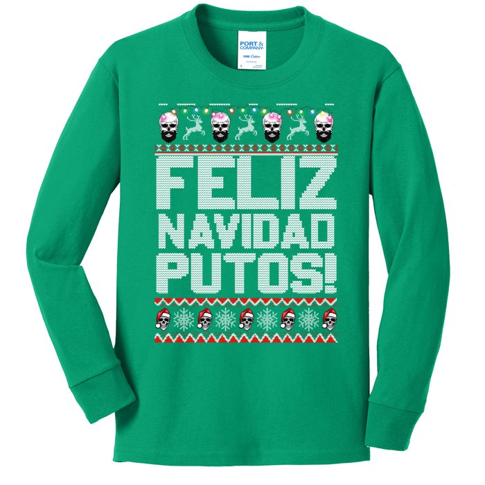 Ugly Mexican Christmas Sweater Feliz Navidad Putos Funny Kids Long Sleeve Shirt