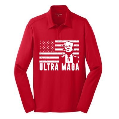 Ultra Maga Donald Trump Usa Flag Silk Touch Performance Long Sleeve Polo