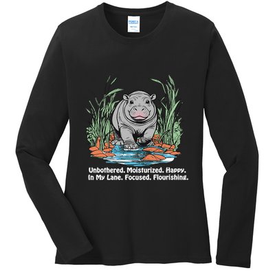 Unbothered Moo Deng Bouncy Pig Meme Cute Baby Hippo Viral Ladies Long Sleeve Shirt