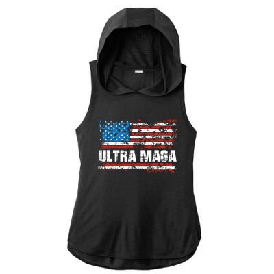 Ultra MAGA Distressed United States Of America USA Flag Ladies PosiCharge Tri-Blend Wicking Draft Hoodie Tank