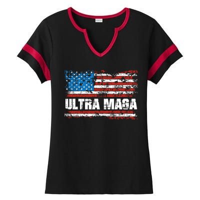 Ultra MAGA Distressed United States Of America USA Flag Ladies Halftime Notch Neck Tee