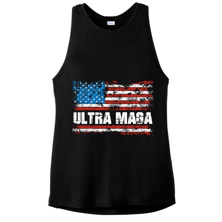 Ultra MAGA Distressed United States Of America USA Flag Ladies PosiCharge Tri-Blend Wicking Tank