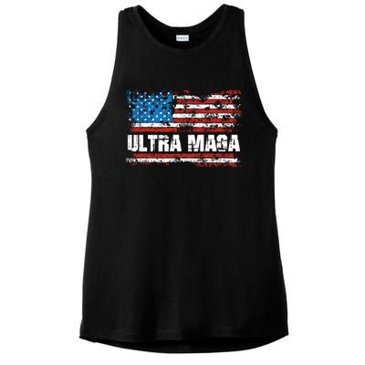 Ultra MAGA Distressed United States Of America USA Flag Ladies PosiCharge Tri-Blend Wicking Tank