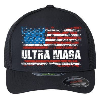 Ultra MAGA Distressed United States Of America USA Flag Flexfit Unipanel Trucker Cap