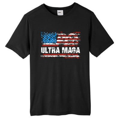 Ultra MAGA Distressed United States Of America USA Flag Tall Fusion ChromaSoft Performance T-Shirt