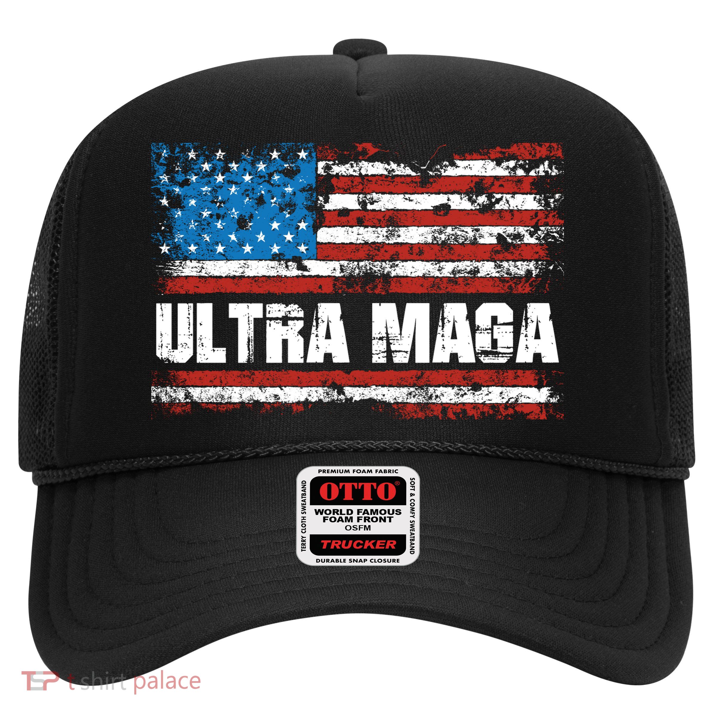 Ultra MAGA Distressed United States Of America USA Flag Trucker Hat