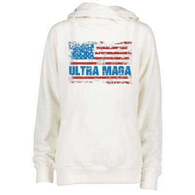 Ultra MAGA Distressed United States Of America USA Flag Womens Funnel Neck Pullover Hood