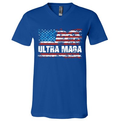 Ultra MAGA Distressed United States Of America USA Flag V-Neck T-Shirt