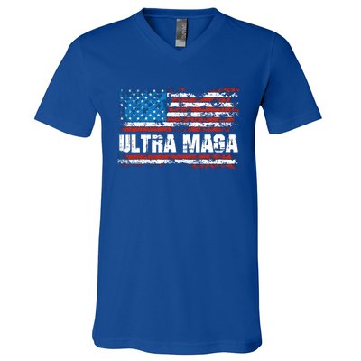 Ultra MAGA Distressed United States Of America USA Flag V-Neck T-Shirt