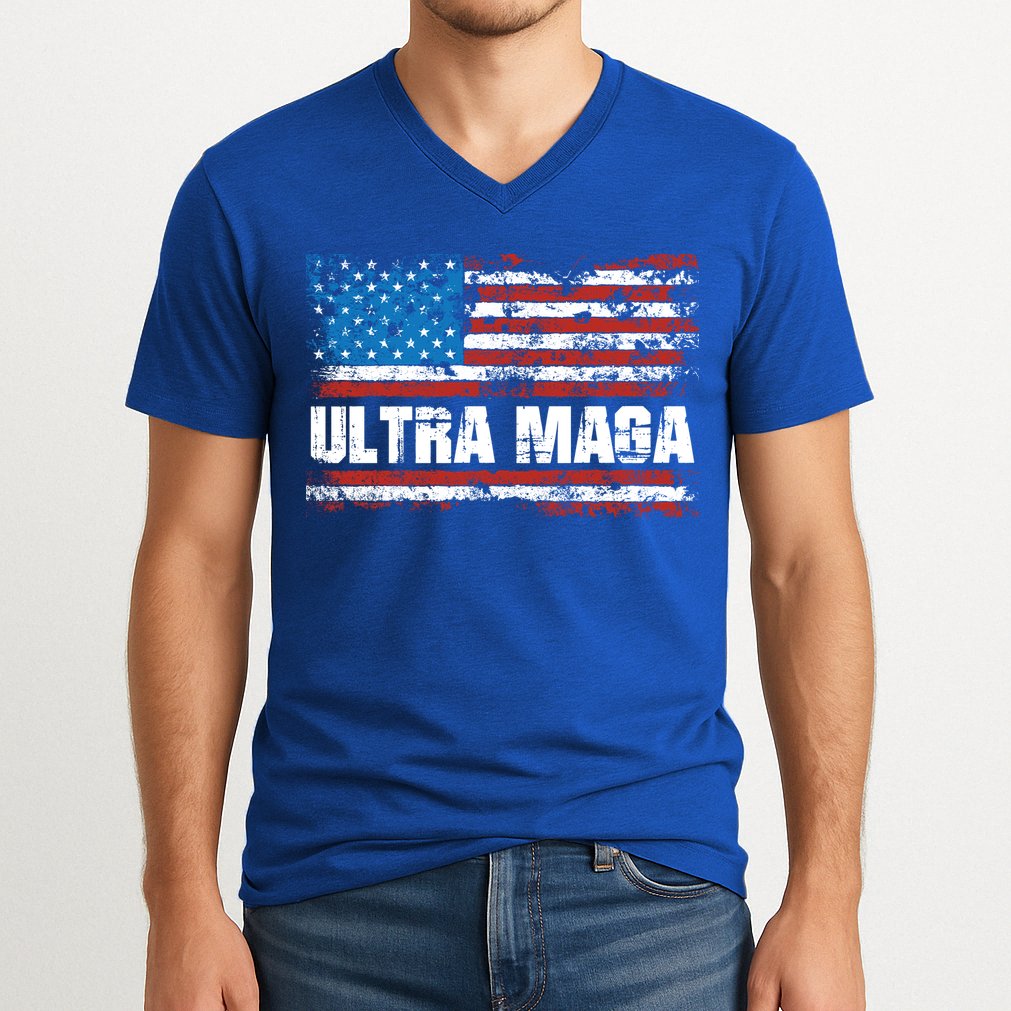 Ultra MAGA Distressed United States Of America USA Flag V-Neck T-Shirt