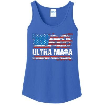 Ultra MAGA Distressed United States Of America USA Flag Ladies Essential Tank