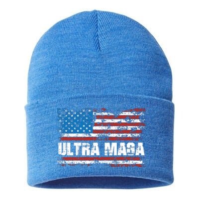 Ultra MAGA Distressed United States Of America USA Flag Sustainable Knit Beanie