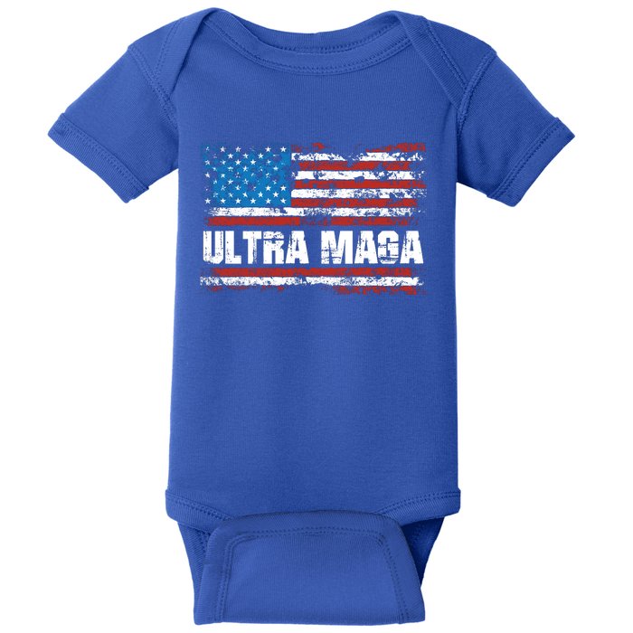 Ultra MAGA Distressed United States Of America USA Flag Baby Bodysuit