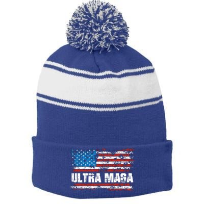 Ultra MAGA Distressed United States Of America USA Flag Stripe Pom Pom Beanie