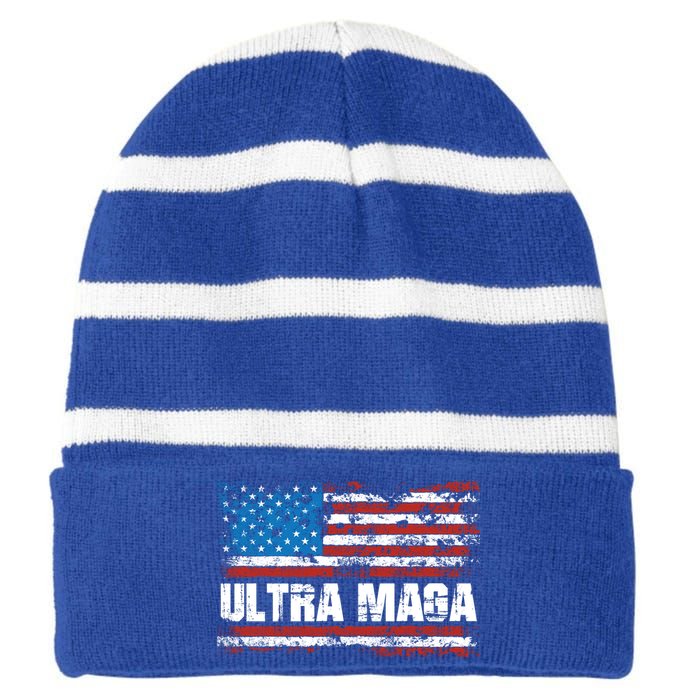 Ultra MAGA Distressed United States Of America USA Flag Striped Beanie with Solid Band