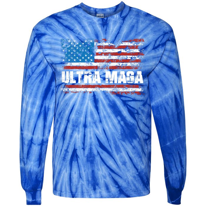 Ultra MAGA Distressed United States Of America USA Flag Tie-Dye Long Sleeve Shirt