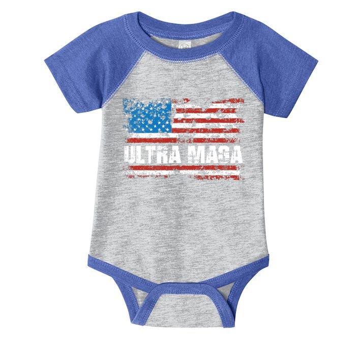 Ultra MAGA Distressed United States Of America USA Flag Infant Baby Jersey Bodysuit