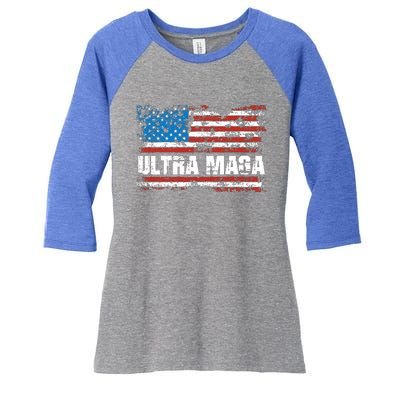 Ultra MAGA Distressed United States Of America USA Flag Women's Tri-Blend 3/4-Sleeve Raglan Shirt