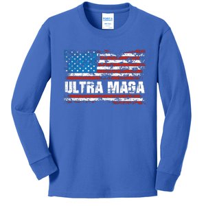 Ultra MAGA Distressed United States Of America USA Flag Kids Long Sleeve Shirt