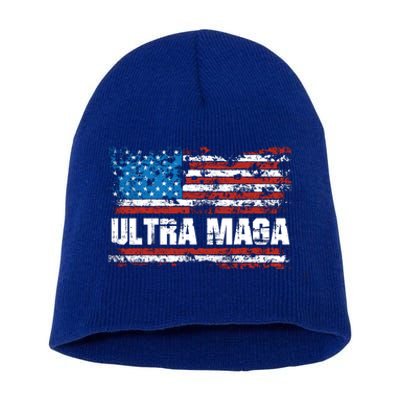 Ultra MAGA Distressed United States Of America USA Flag Short Acrylic Beanie