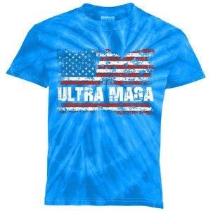 Ultra MAGA Distressed United States Of America USA Flag Kids Tie-Dye T-Shirt