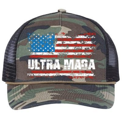 Ultra MAGA Distressed United States Of America USA Flag Retro Rope Trucker Hat Cap