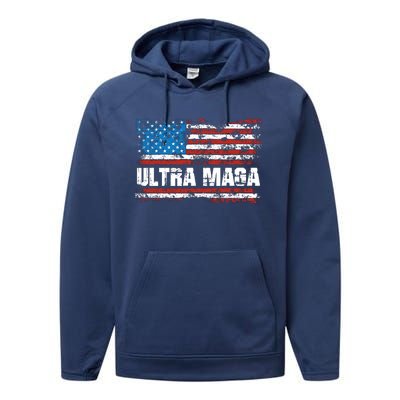 Ultra MAGA Distressed United States Of America USA Flag Performance Fleece Hoodie