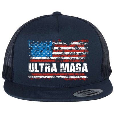 Ultra MAGA Distressed United States Of America USA Flag Flat Bill Trucker Hat