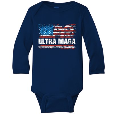 Ultra MAGA Distressed United States Of America USA Flag Baby Long Sleeve Bodysuit