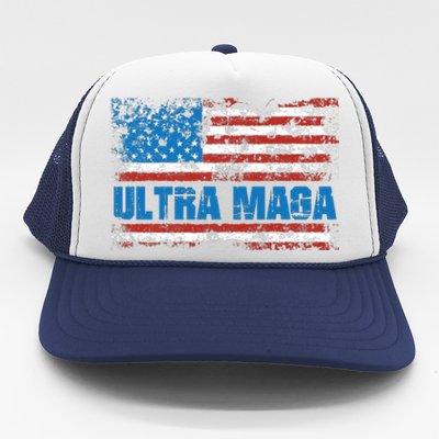 Ultra MAGA Distressed United States Of America USA Flag Trucker Hat