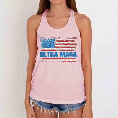 Ultra MAGA Distressed United States Of America USA Flag Women's Knotted Racerback Tank