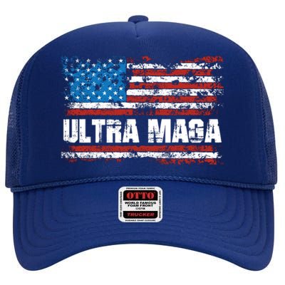 Ultra MAGA Distressed United States Of America USA Flag High Crown Mesh Back Trucker Hat