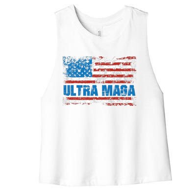 Ultra MAGA Distressed United States Of America USA Flag Women's Racerback Cropped Tank