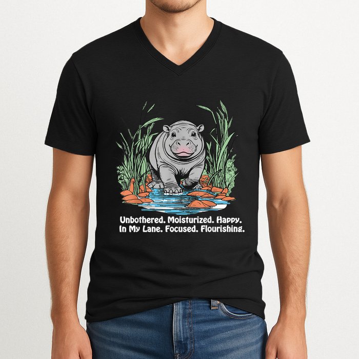 Unbothered Moo Deng Bouncy Pig Meme Cute Baby Hippo Viral V-Neck T-Shirt