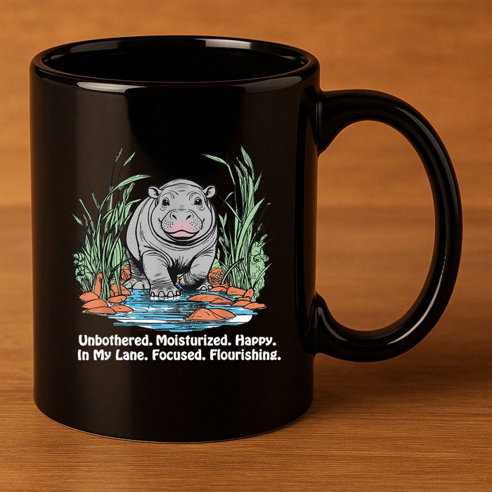 Unbothered Moo Deng Bouncy Pig Meme Cute Baby Hippo Viral 11oz C Handle Ceramic Mug