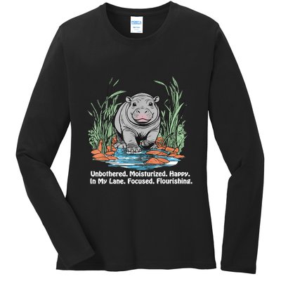 Unbothered Moo Deng Bouncy Pig Meme Cute Baby Hippo Viral Ladies Long Sleeve Shirt