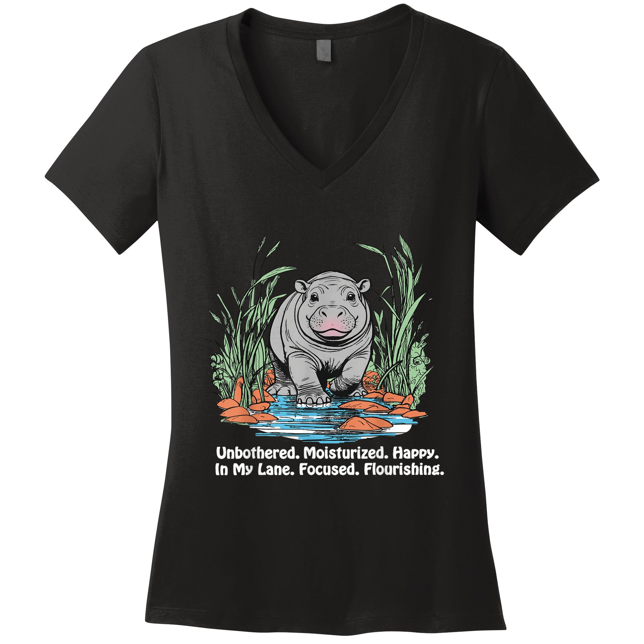 Unbothered Moo Deng Bouncy Pig Meme Cute Baby Hippo Viral Women's V-Neck T-Shirt