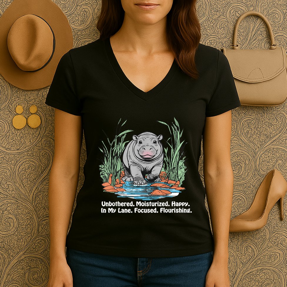 Unbothered Moo Deng Bouncy Pig Meme Cute Baby Hippo Viral Women's V-Neck T-Shirt