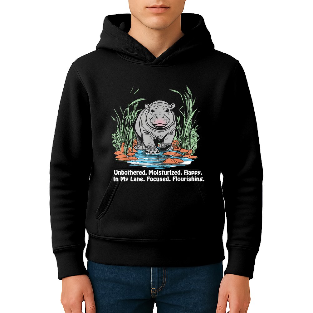 Unbothered Moo Deng Bouncy Pig Meme Cute Baby Hippo Viral Kids Hoodie