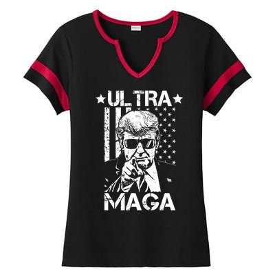 Ultra Maga Donald Trump USA Flag Ladies Halftime Notch Neck Tee