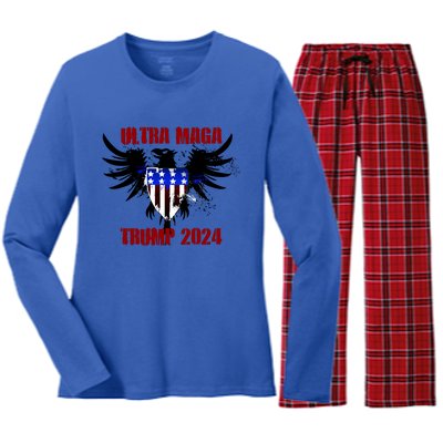 Ultra MAGA Eagle Grunge Splatter Trump 2024 Anti Biden Women's Long Sleeve Flannel Pajama Set 