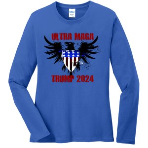 Ultra MAGA Eagle Grunge Splatter Trump 2024 Anti Biden Ladies Long Sleeve Shirt